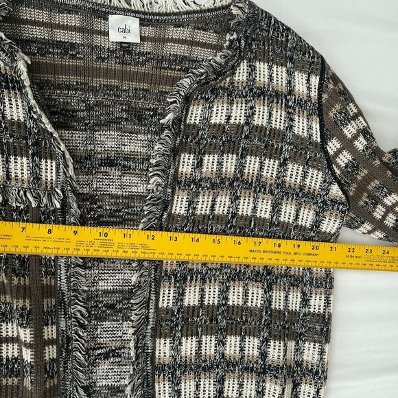 Cabi Plaid Fringe Open Classic Cardigan Sweater #4097 Brown Gray Womens M - Picture 10 of 12
